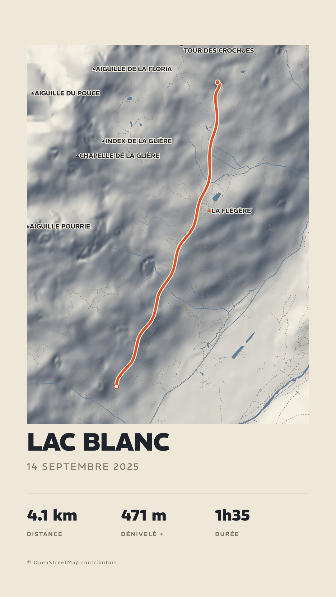 Poster of a mountain route around Lac Blanc, warm paper with orange track