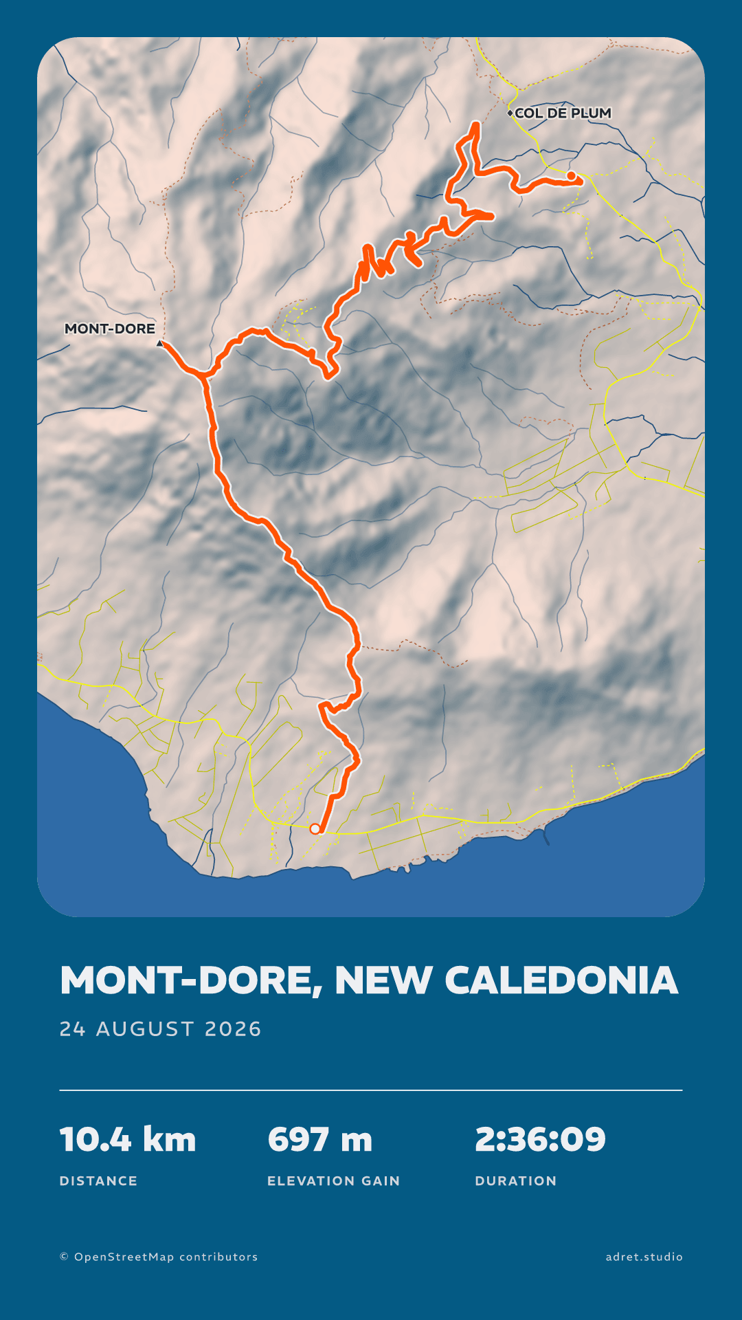 Poster of a hike at Mont-Dore in the Adret style: shaded relief on a deep blue sheet, the route in orange